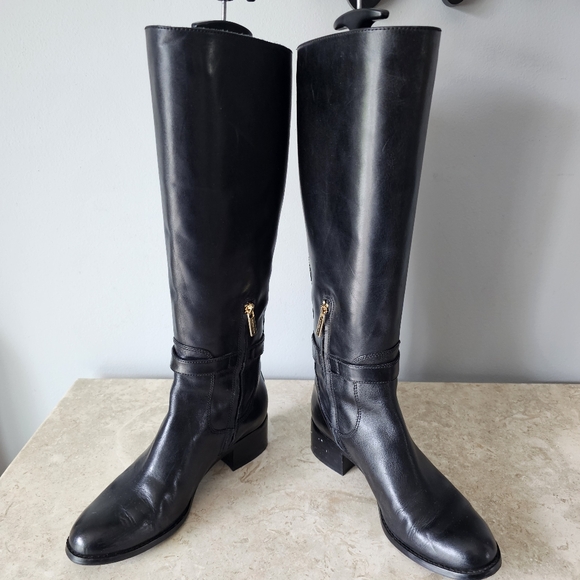 Michael Kors Hamilton Riding Boots Women’s Size 7.5 Black Leather Knee High Gold - Picture 8 of 12